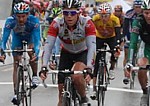 Kim Kirchen at the finish of the third stage at the Tour de Suisse 2008